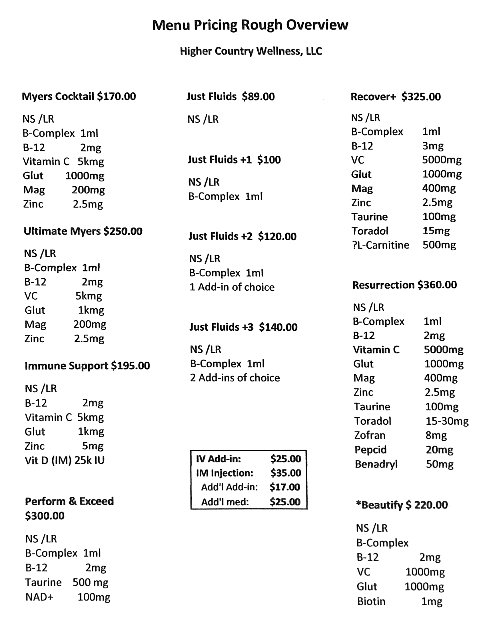 IV Therapy Menu Pricing